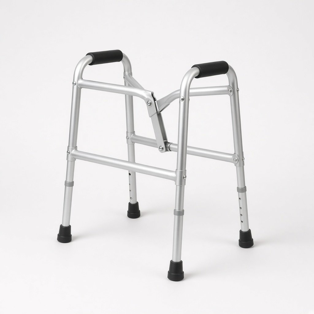 Folding Zimmer frame shown partly folded at the centre hinge