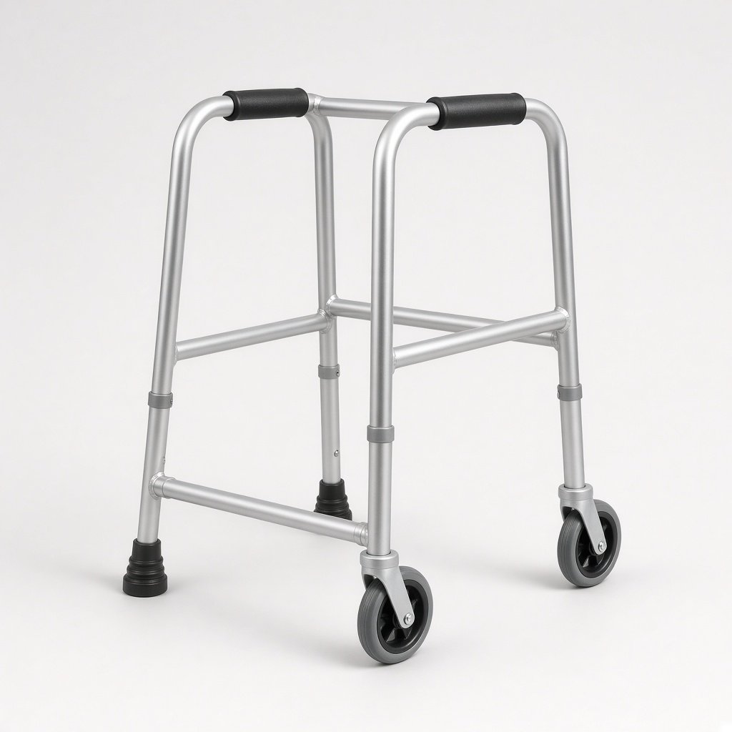 Two-wheel Zimmer frame with front wheels and rear rubber tips